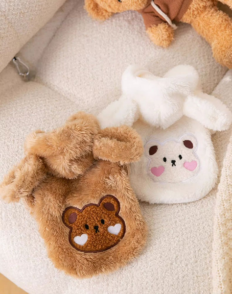 Warm Plush Dog Sweater with Bear Patch-White