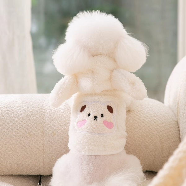 Warm Plush Dog Sweater with Bear Patch-White