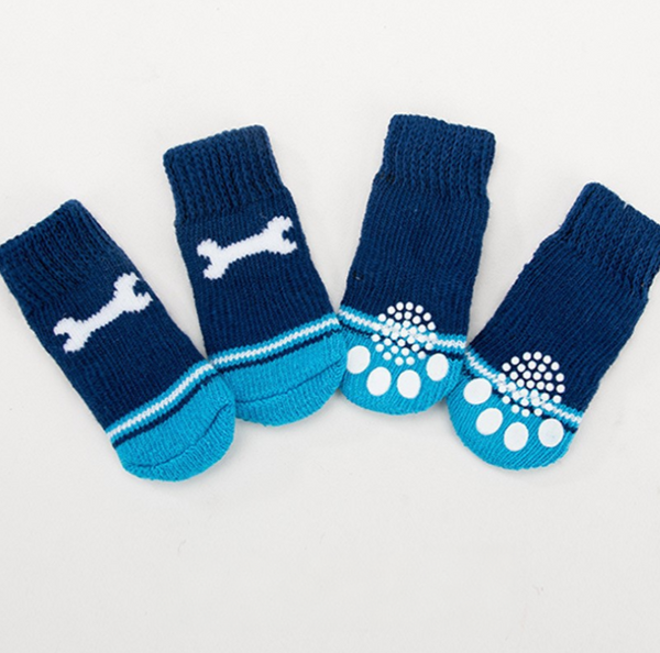 Non-Slip Dog Socks – Knitted Pet Paw Protectors for Small & Medium Dogs- Blue Bone