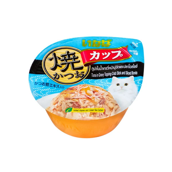 Inaba CIAO Tuna Flake & Crab Stick In Sliced Bonito Gravy Cat Treats 70g (cupped)