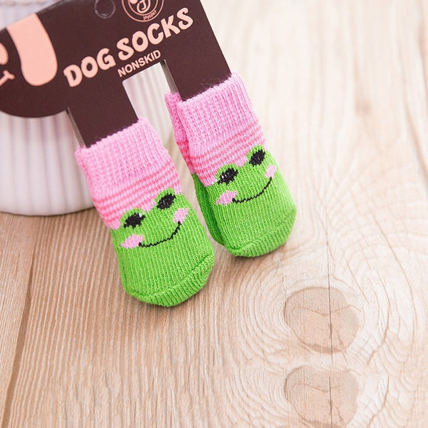 Non-Slip Dog Socks – Knitted Pet Paw Protectors for Small & Medium Dogs-Pink Frog