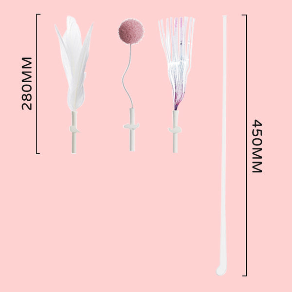 Elastic Cat Teaser Wand Set with Fluid Animal Design, Feathers, Ribbons & Plush Balls – Replaceable Toys