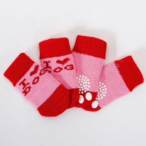 Non-Slip Dog Socks – Knitted Pet Paw Protectors for Small & Medium Dogs - Red Hearts
